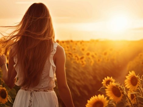 A woman walking through a field of sunflowers.