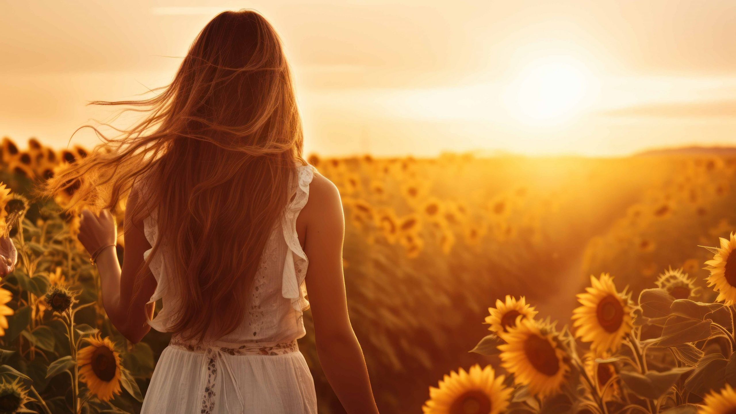 A woman walking through a field of sunflowers.