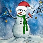watercolor snowman on snowy background painted by the author