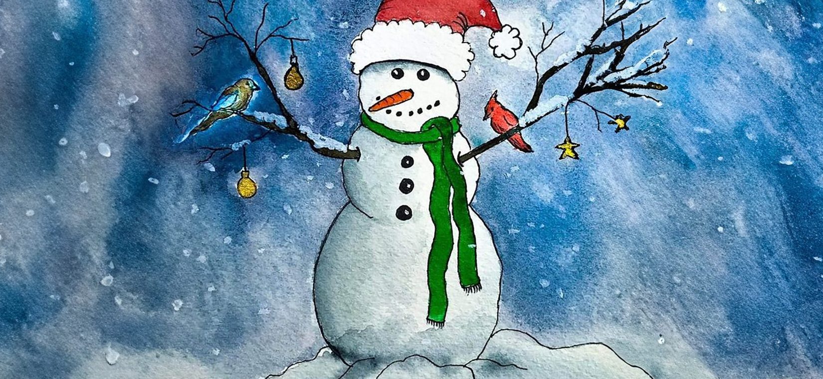 watercolor snowman on snowy background painted by the author