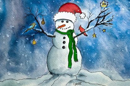 watercolor snowman on snowy background painted by the author