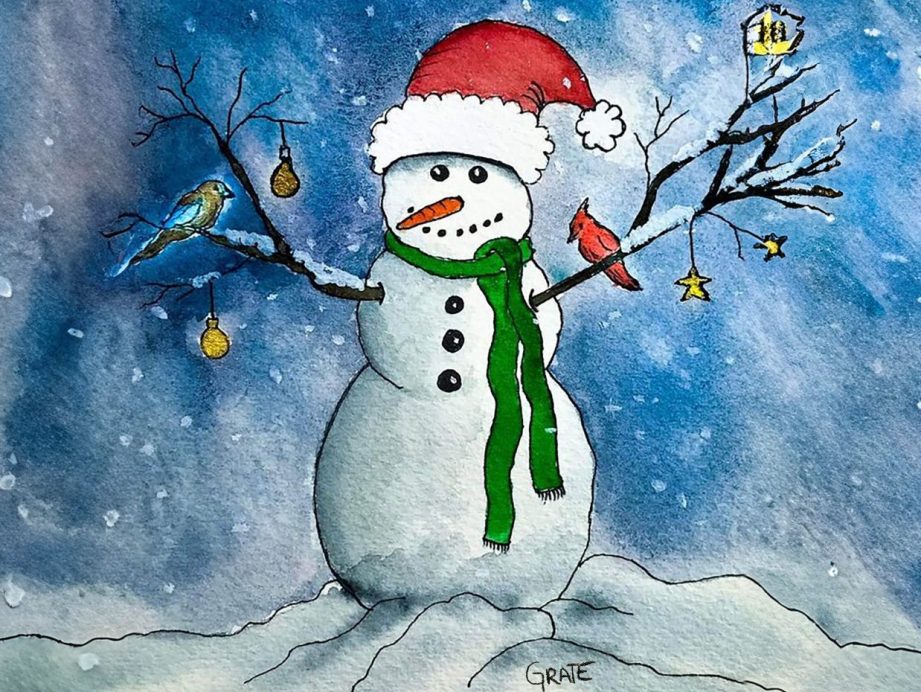 watercolor snowman on snowy background painted by the author