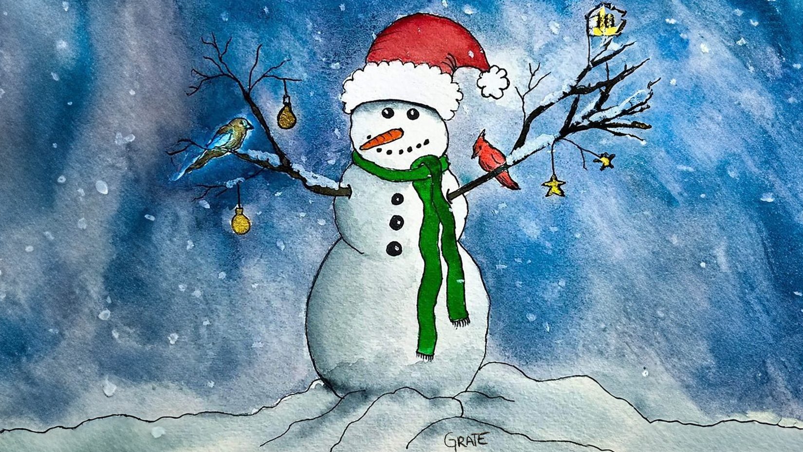 watercolor snowman on snowy background painted by the author