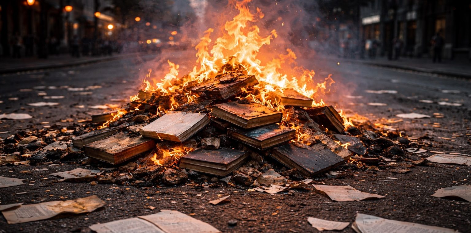 a pile of burning books in the street