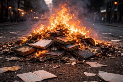 a pile of burning books in the street