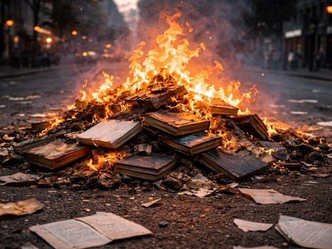 a pile of burning books in the street