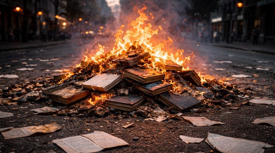 a pile of burning books in the street