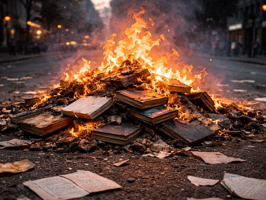 a pile of burning books in the street