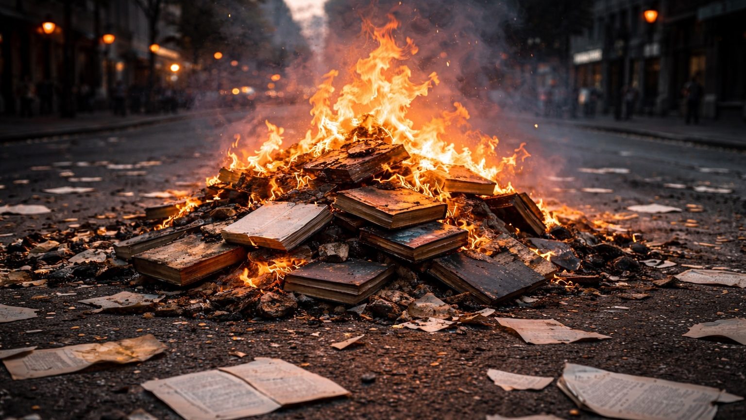 a pile of burning books in the street