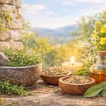 a mani garden in sunshine with herbs