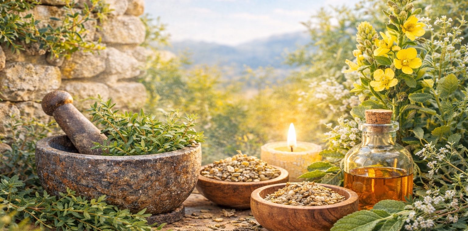 a mani garden in sunshine with herbs