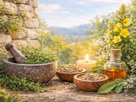 a mani garden in sunshine with herbs