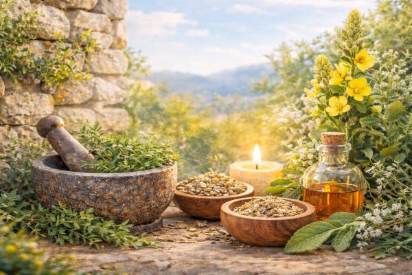 a mani garden in sunshine with herbs