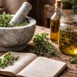 a herbalist's table full of herbs, mortar and pestle, and a journal