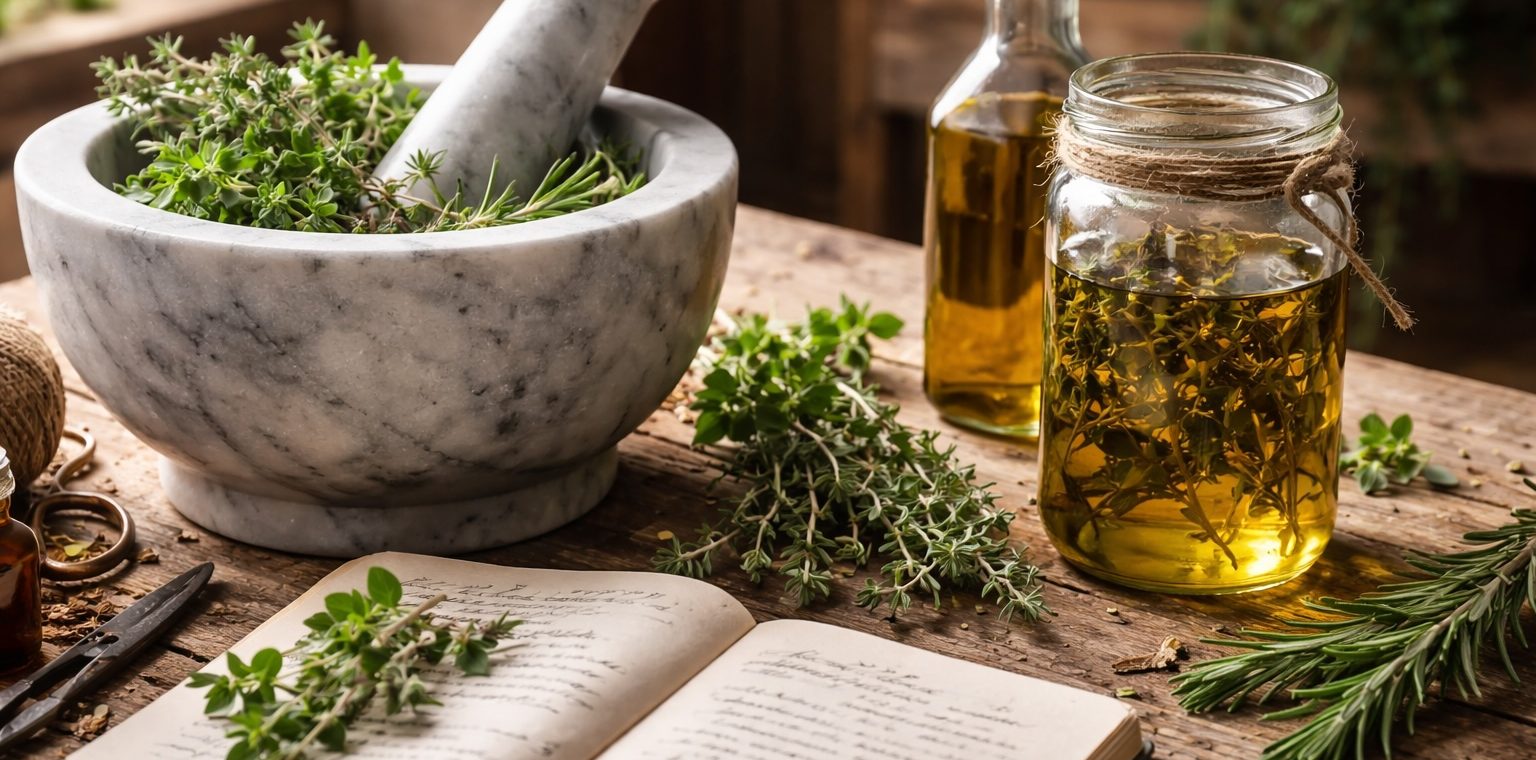 a herbalist's table full of herbs, mortar and pestle, and a journal