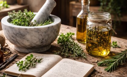 a herbalist's table full of herbs, mortar and pestle, and a journal