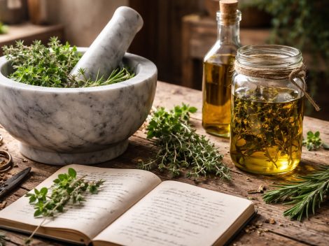 a herbalist's table full of herbs, mortar and pestle, and a journal