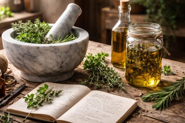 a herbalist's table full of herbs, mortar and pestle, and a journal