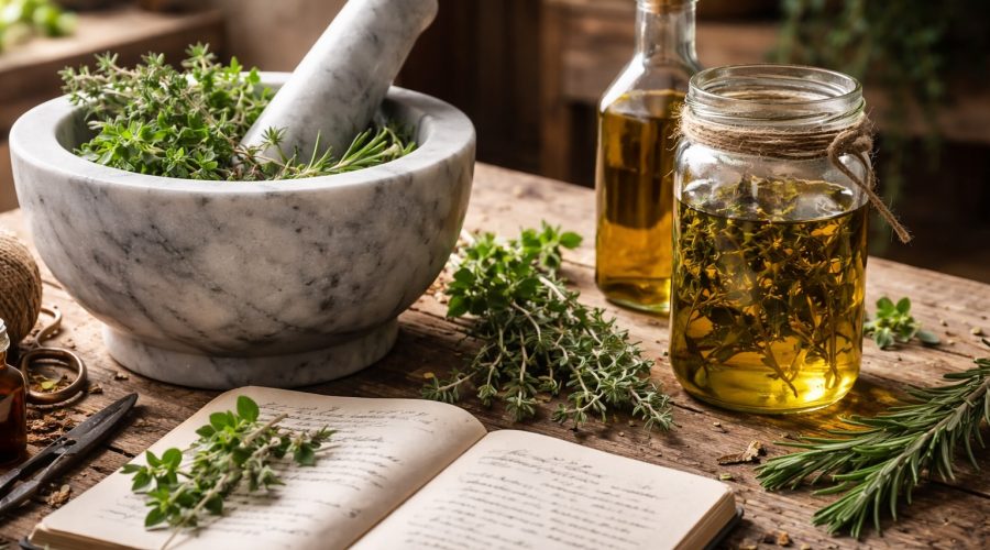a herbalist's table full of herbs, mortar and pestle, and a journal
