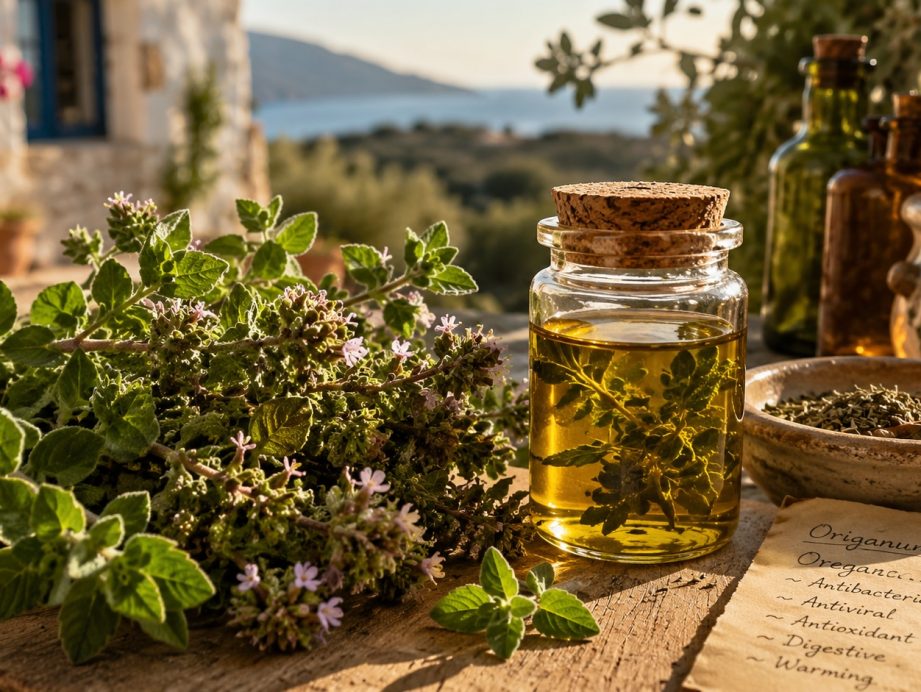 Oregano steeping in olive oil to make herbal infused oil.
